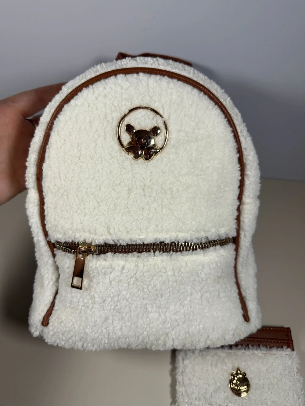 Disney Cream Sherpa Backpack and Card Wallet with Brown Trim